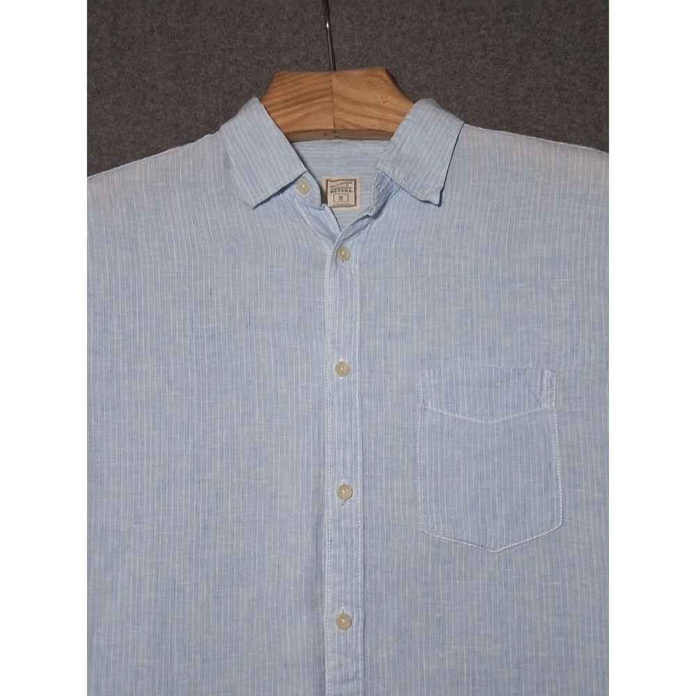 MERONA Mens Shirting Linen Short Sleeve Button Down Shirt Light Blue Striped - M